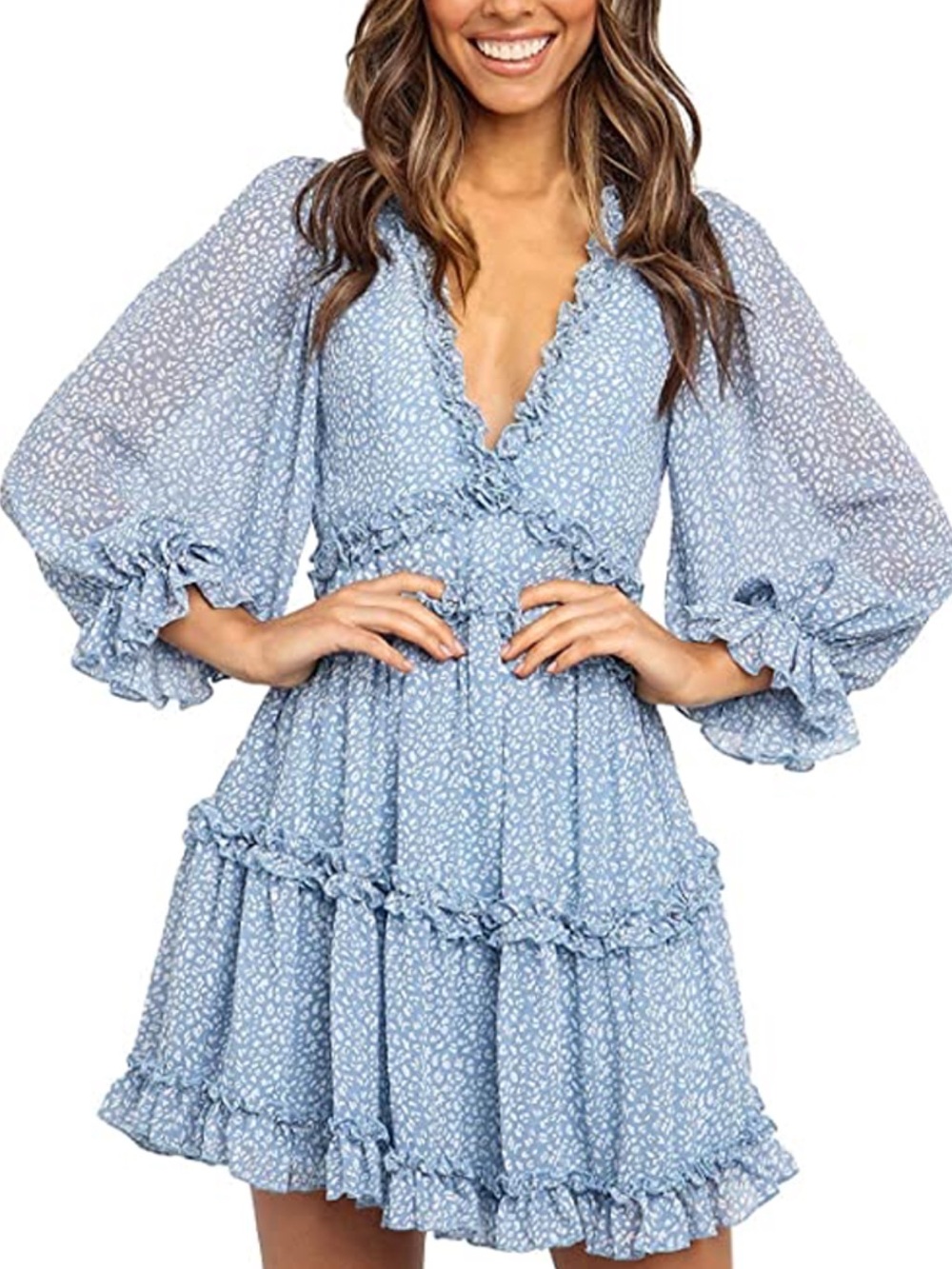 Light Blue Leopard Backless Ruffle Tiered Swing V-Neck Dress